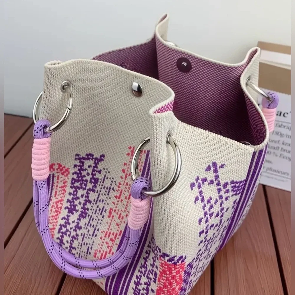 NWOT Stylish Purple and Pink Embroidered Knit Women's Bag
